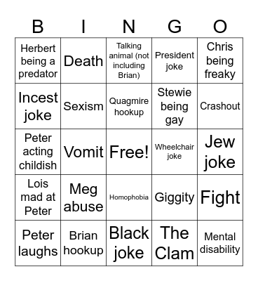 Family Guy Bingo Card