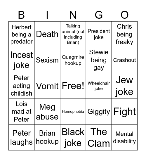 Family Guy Bingo Card