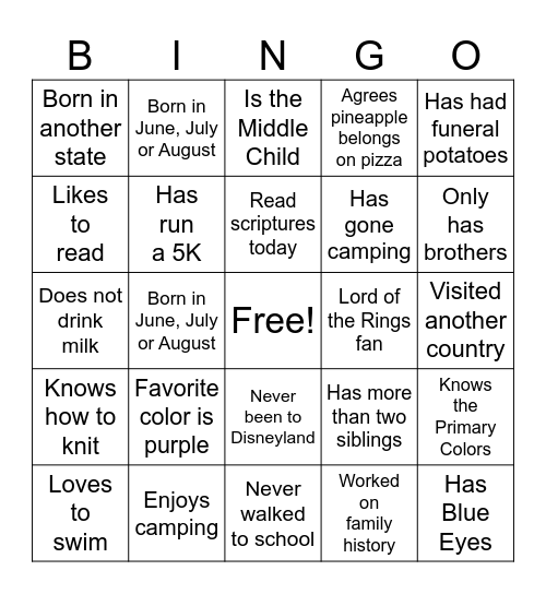 Get to Know You Bingo Card