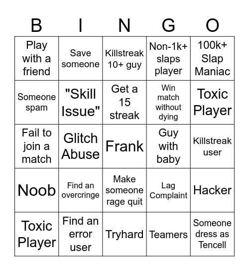 Slap Battles Bingo Card