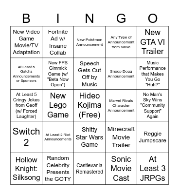 The Game Awards 2024 Bingo Card