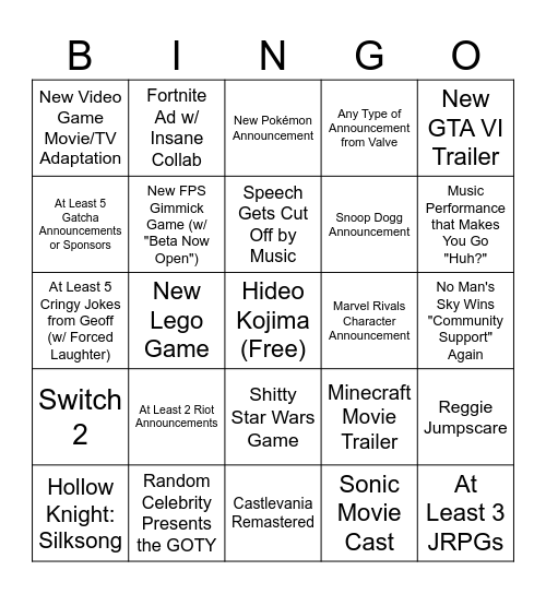 The Game Awards 2024 Bingo Card