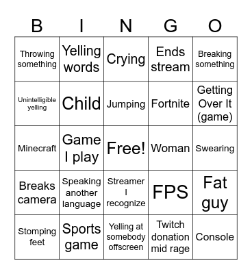 Gamer Rage Bingo Card