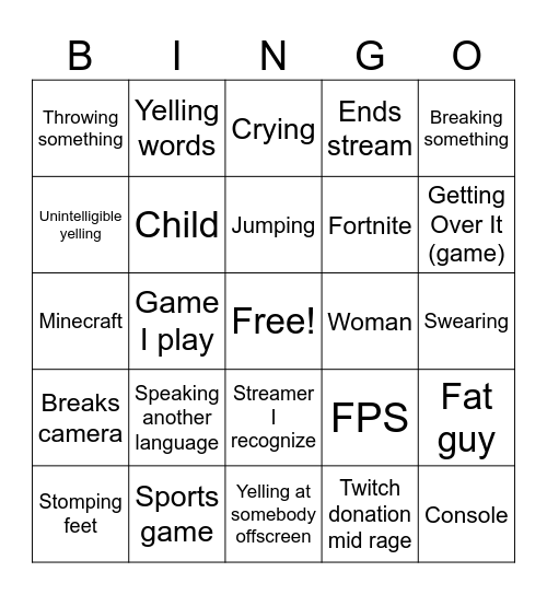 Gamer Rage Bingo Card