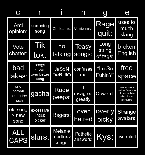 roblox music game cringe card but better Bingo Card