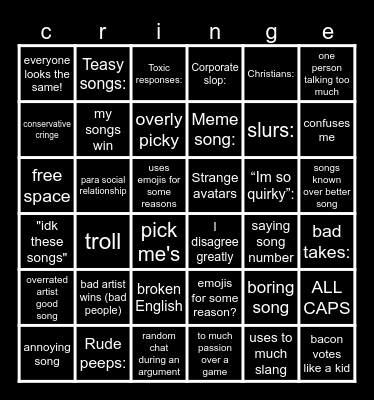 roblox music game cringe card but biger Bingo Card