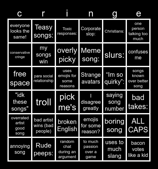 roblox music game cringe card but biger Bingo Card
