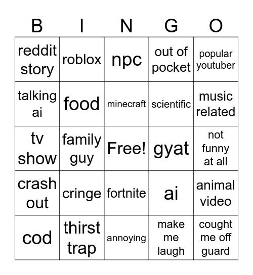 YouTube shorts Bingo Card