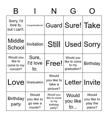 Would you like to come to my graduation? Bingo Card