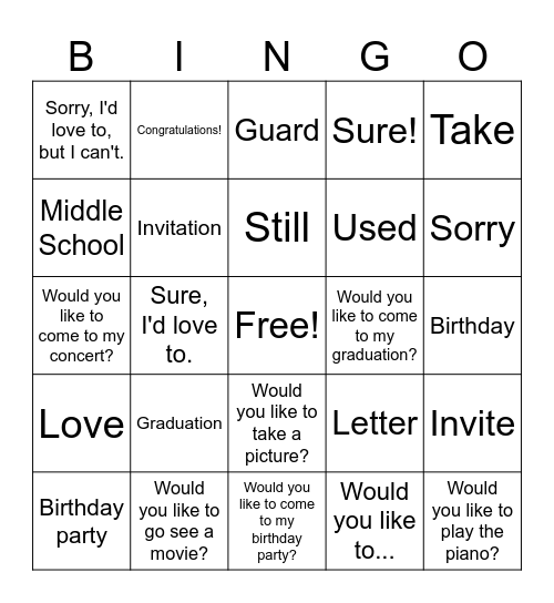 Would you like to come to my graduation? Bingo Card