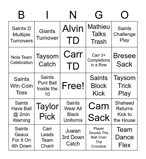 Saints Vs. Giants 24 Bingo Card