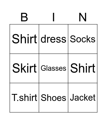 Clothes Bingo Card