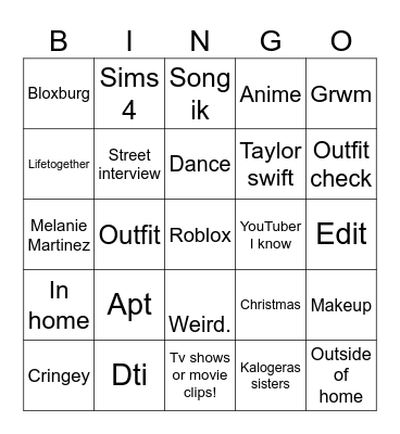 YouTube shorts Bingo Card