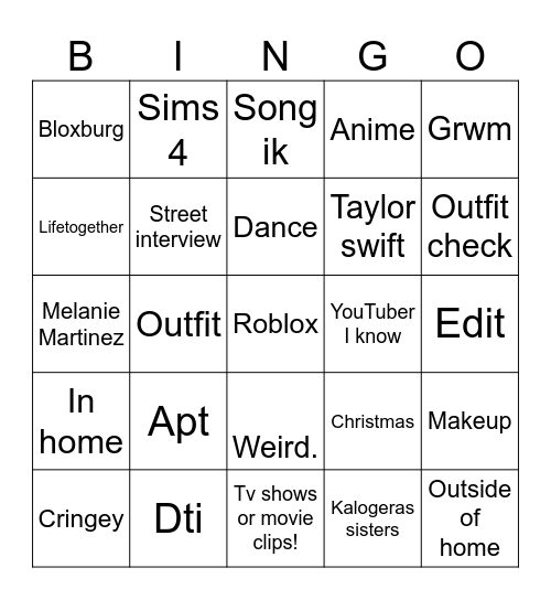 YouTube shorts Bingo Card