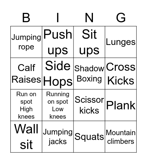 Fitness bingo fun Bingo Card
