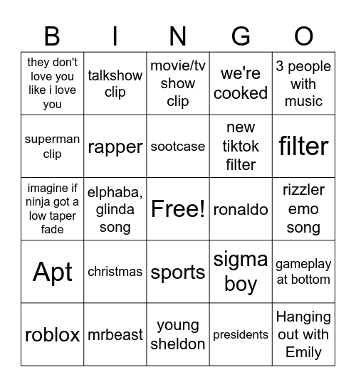 youtube shorts Bingo Card