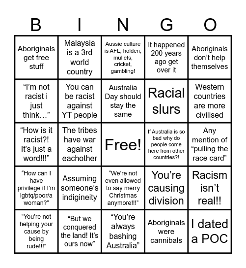 Bigot Bingo Card