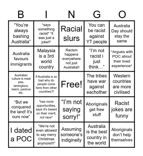 Bigot Bingo Card