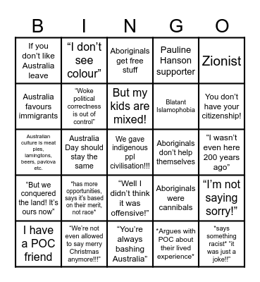 Bigot Bingo Card