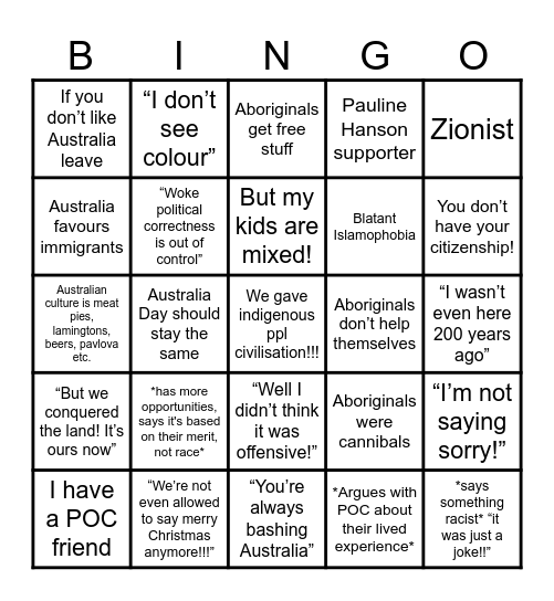 Bigot Bingo Card