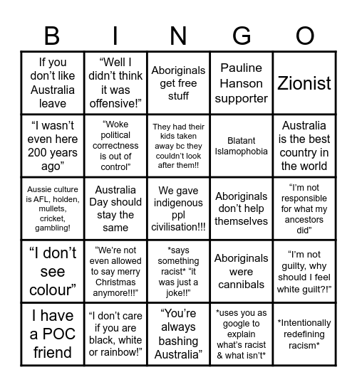 Bigot Bingo Card