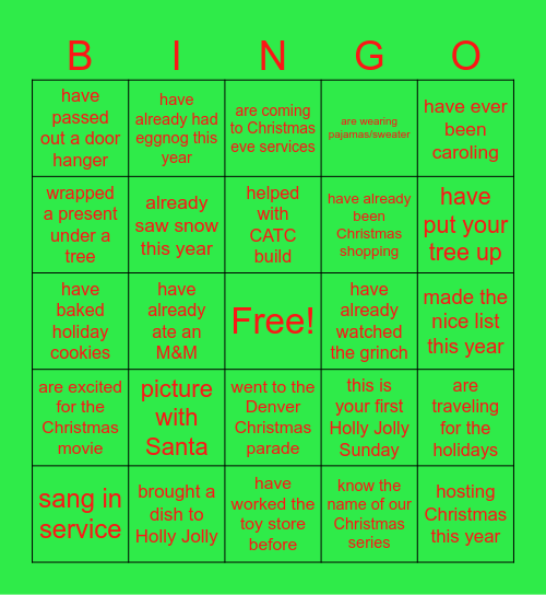 Cove Christmas Bingo Card