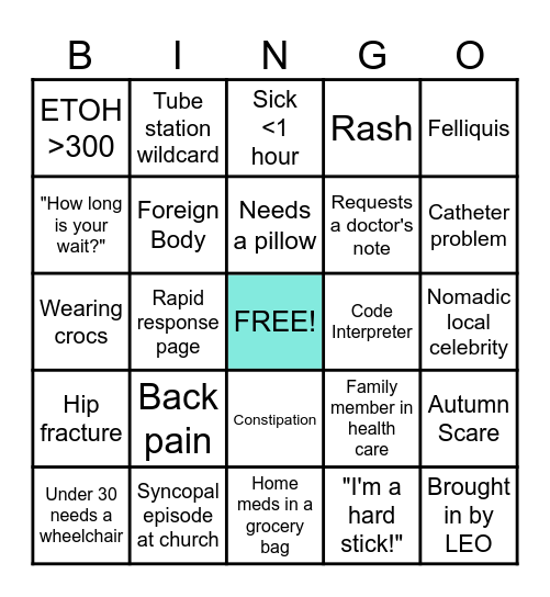Sunday Funday ED Bingo Card