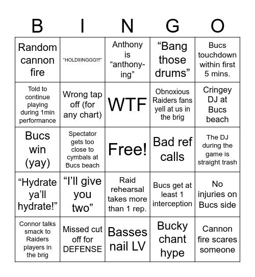 Bucs vs Raiders 12/8 Bingo Card