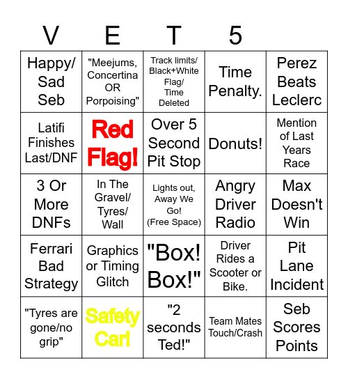 F1 Bingo Abu Dhabi Bingo Card
