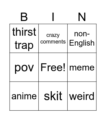 insta Bingo Card