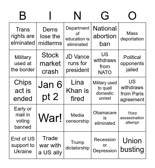 Trump presidency bingo Card