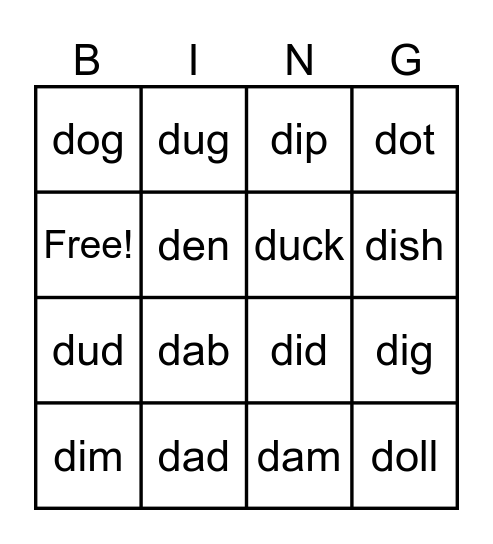 CVC Words begin with letter d Bingo Card