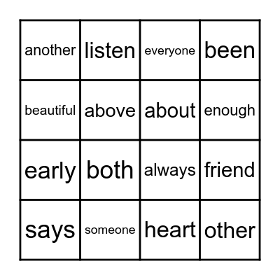 Heart Word Bingo Card