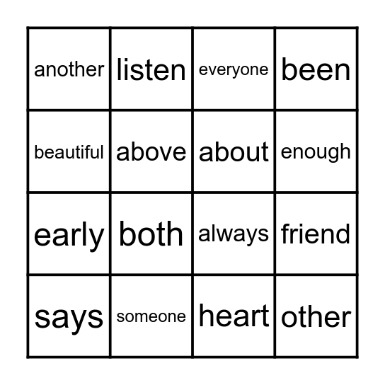 Heart Word Bingo Card