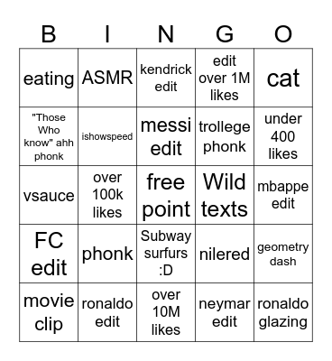 Shorts bingo Card