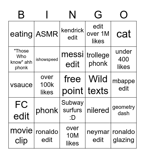 Shorts bingo Card