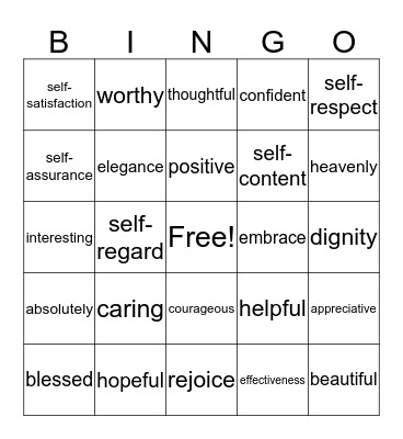 Self-Esteem Bingo Card