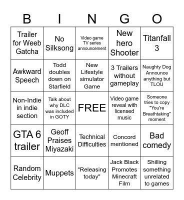 Game Awards 2024 Bingo Card