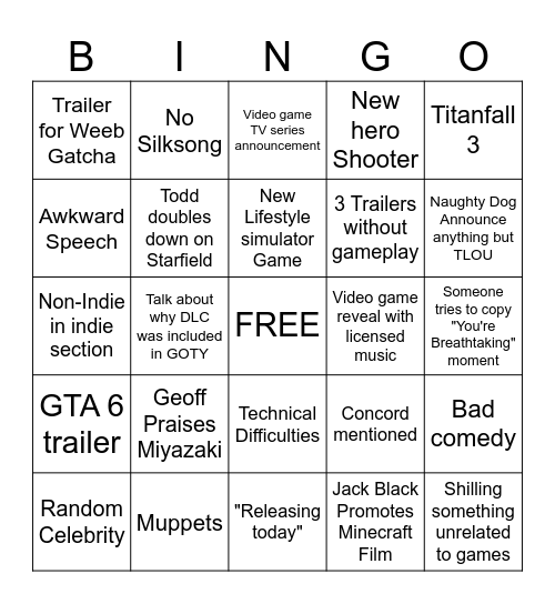 Game Awards 2024 Bingo Card