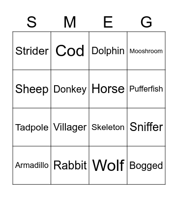 Minecraft Mob Bingo! Bingo Card