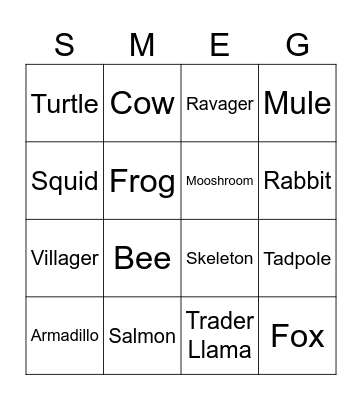 Minecraft Mob Bingo! Bingo Card