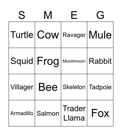Minecraft Mob Bingo! Bingo Card