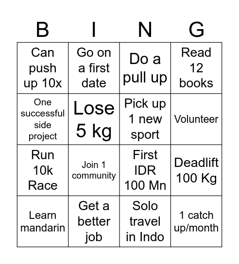 2025 Goals Bingo Card