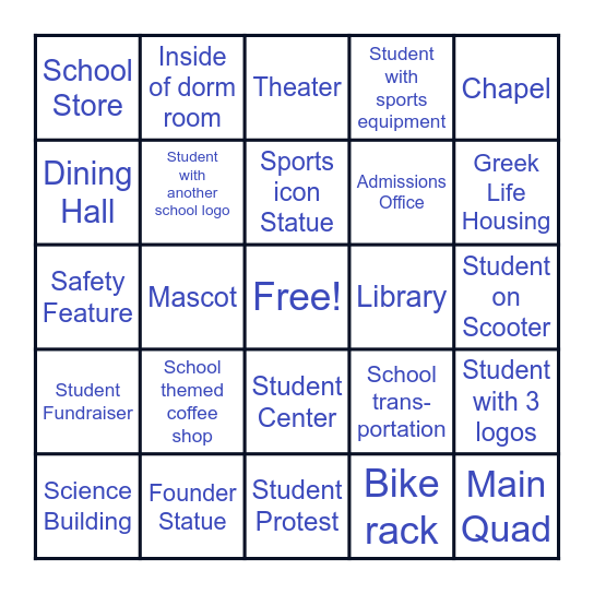 College Visit Bingo : ————————————- Bingo Card