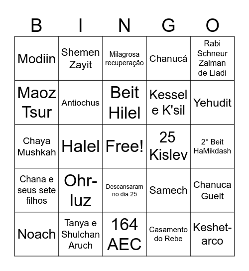 BBINGO CULTURAL DO MÊS DE KISLEV Bingo Card