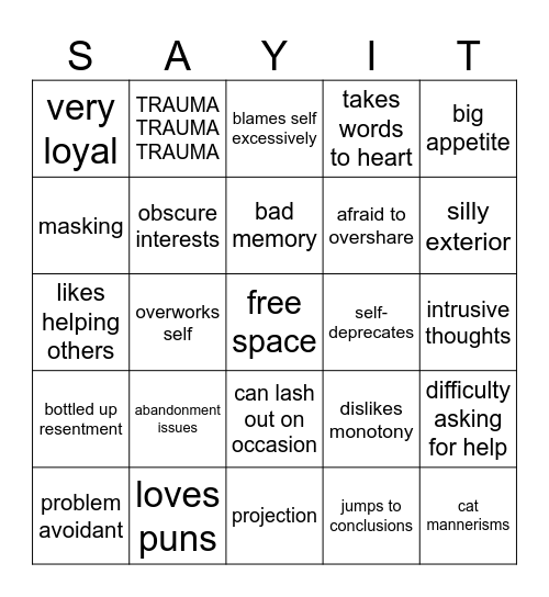 Siffrin Kinnie Bingo Card