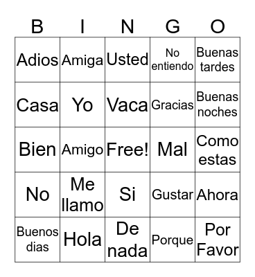 Spanish Bingo Card