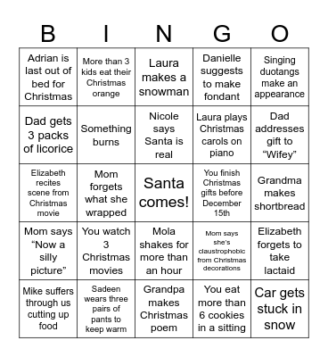 Emily's Christmas BINGO Card