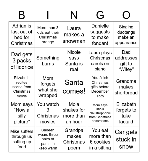 Emily's Christmas BINGO Card