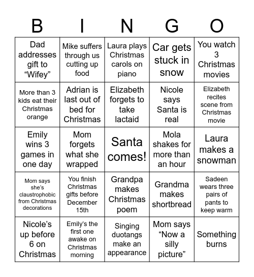 Danielle Christmas BINGO Card